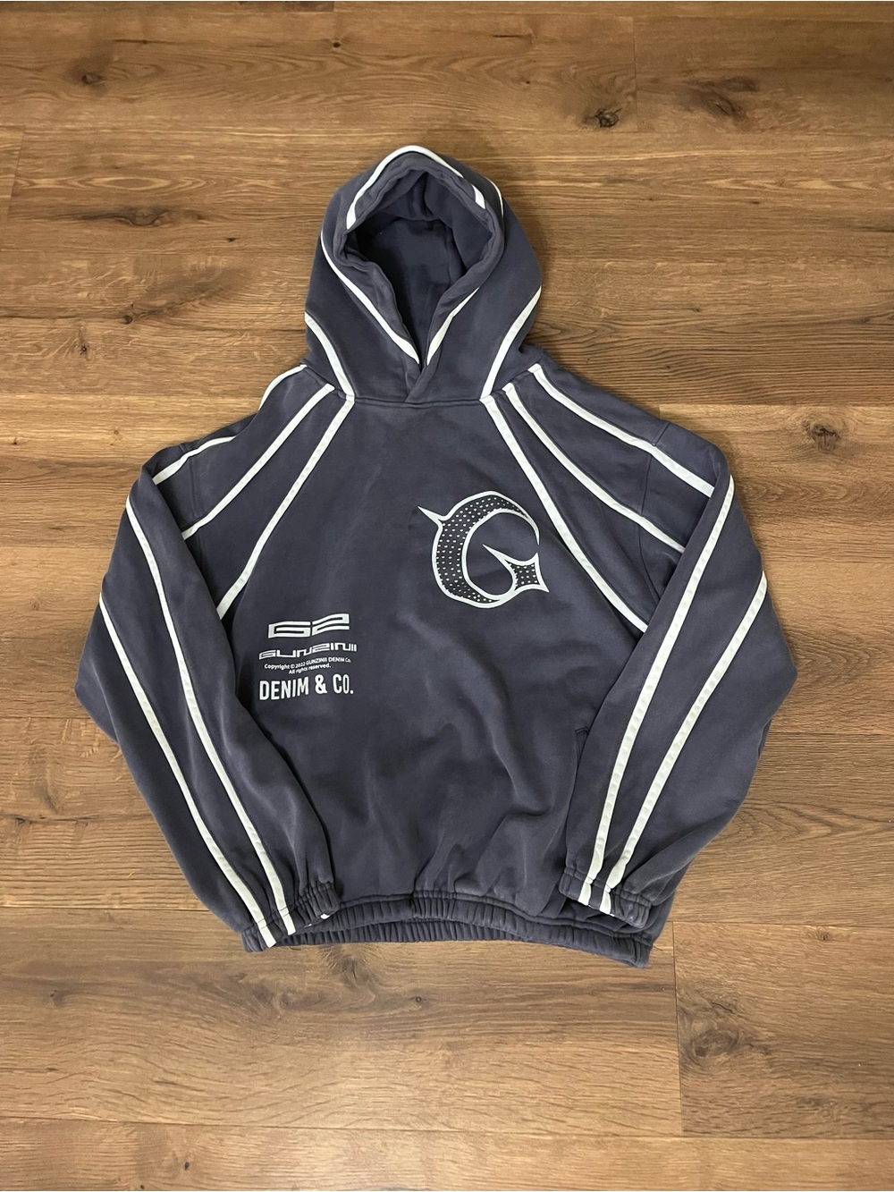 Gunzinii bedazzled Y2K graphic Navy Hoodie with White Piping